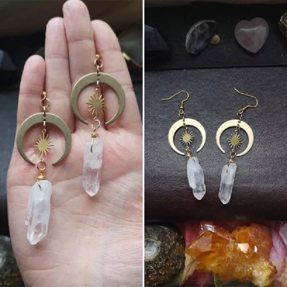 Quartz Stone Crescent Moon and Sun Drop Gold Earrings - Picture 2 of 5